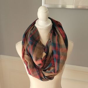 Brass Plum Infinity Scarf Green, Red, Tan Plaid Women